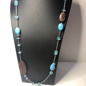 247 Lia Sophia Beach faux turquoise faux seaglass wood station necklace blue 32"